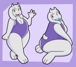 absurd_res anthro boss_monster bovid breasts caprine cleavage clothed clothing female food gesture goat hi_res horn kneeling looking_at_viewer mammal mature_female one-piece_swimsuit popsicle popsicle_in_mouth solo someth1ngoranother swimwear thick_thighs toriel undertale undertale_(series) waving 