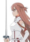  1girl armor asuna_(sao) braid breastplate brown_eyes brown_hair closed_mouth commentary detached_sleeves dress from_side hair_between_eyes highres holding holding_sword holding_weapon long_hair nigime_shi solo sword sword_art_online upper_body weapon white_background white_dress 