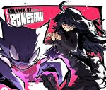  1girl absurdres ahoge artist_name black_dress black_hair black_nails bonesaw_(artist) border commentary dress floating_hair grin hair_between_eyes hand_up haunter hex_maniac_(pokemon) highres long_hair long_sleeves looking_at_viewer nail_polish outside_border pink_background poke_ball poke_ball_(basic) pokemon pokemon_(creature) pokemon_(game) pokemon_xy smile teeth twitter_username white_border 