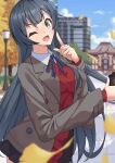  1girl absurdres agano_(kancolle) autumn_leaves black_hair blazer blue_sky building cloud day ginkgo_leaf green_eyes grey_jacket highres jacket kantai_collection kikuchi-shoogo leaf long_hair looking_at_viewer one_eye_closed outdoors red_shirt shirt sky smile solo 