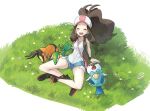  1girl :d arm_support asamaru1225 bag baseball_cap black_vest blue_shorts blush boots brown_hair closed_eyes commentary_request flower grass hat highres hilda_(pokemon) long_hair open_clothes open_mouth open_vest oshawott pink_bag poke_ball_print pokemon pokemon_(creature) pokemon_(game) pokemon_bw shirt shorts shoulder_bag sidelocks sitting smile snivy starter_pokemon_trio teeth tepig vest white_headwear white_shirt 