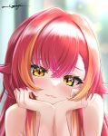  1girl :3 blurry blurry_background blush closed_mouth hair_between_eyes hair_intakes head_rest highres long_hair multicolored_hair nekota_tsuna nude orange_hair portrait prsdubstep red_hair signature smile solo two-tone_hair virtual_youtuber vspo! yellow_eyes 