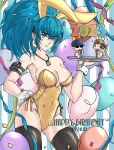  animal_ears armlet balloon blue_eyes blue_hair breasts chinese_zodiac clark_still dog_tags fake_animal_ears happy_birthday holding holding_tray ikari_hime leona_heidern leotard playboy_bunny ponytail rabbit_ears rabbit_tail ralf_jones strapless strapless_leotard tail the_king_of_fighters tray wrist_cuffs year_of_the_rabbit 