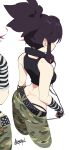  1girl aetherion alternate_costume alternate_hairstyle arm_warmers ass bare_shoulders belt black_belt black_hair butt_crack camouflage camouflage_pants cropped_legs from_side headphones headphones_around_neck highres kill_la_kill long_hair matoi_ryuuko multiple_views pants ponytail signature simple_background striped_arm_warmers white_background 