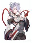  1girl animification apex_legends artist_name black_pants blood_moon_catalyst breasts cable catalyst_(apex_legends) clothing_cutout colored_tips eyeshadow fukuro_0a0 gloves grey_eyes grey_hair hand_on_own_hip highres looking_at_viewer makeup multicolored_hair official_alternate_costume pants red_eyeshadow red_gloves red_hair robe shoulder_cutout sleeves_past_wrists small_breasts solo white_robe wide_sleeves 