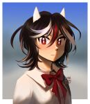  1girl alterexian black_hair blurry blurry_background bow bowtie bright_pupils closed_mouth commentary english_commentary highres horns kijin_seija looking_at_viewer red_bow red_bowtie red_eyes short_hair signature solo touhou upper_body white_pupils 