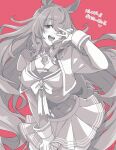 1girl ;d animal_ears breasts choker cleavage ear_ribbon greyscale_with_colored_background horse_ears horse_girl horse_tail large_breasts long_hair long_sleeves looking_at_viewer maruzensky_(umamusume) monochrome one_eye_closed open_mouth red_background simple_background skirt smile solo tail takatsuki_ichi teeth translated umamusume upper_teeth_only w 