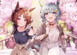  2girls :d animal_ears bag black_shirt black_vest blue_eyes blush bracelet breasts brown_hair brown_skirt cherry_blossoms coat collarbone flower grey_hair grin hair_ornament hairclip highres horse_ears horse_girl horse_tail jewelry looking_at_viewer looking_down medium_hair misoni_(mi_so_ni_t) multiple_girls open_clothes open_coat outdoors pants parted_bangs pink_flower purple_eyes railing sakura_laurel_(umamusume) seiun_sky_(umamusume) shirt short_hair shoulder_bag signature skirt small_breasts smile tail umamusume vest white_pants white_shirt 