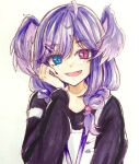  1girl blue_eyes braid english_commentary fang hand_to_own_face hand_up head_wings heterochromia jacket lanyard long_hair long_sleeves looking_at_viewer netsuko nijisanji nijisanji_en open_mouth pink_eyes purple_hair selen_tatsuki selen_tatsuki_(1st_costume) simple_background sketch smile solo traditional_media twin_braids upper_body virtual_youtuber white_background wings 