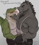  anthro beard big_pecs bodily_fluids bottomwear bulge bulge_grab chest_tuft clothed clothing crocodile crocodilian crocodylid duo erection facial_hair foxfawl genital_fluids green_body green_scales hi_res male male/male mammal pecs precum precum_through_clothing reptile scales scalie shirt shorts suid suina sus_(pig) sweat tank_top tongue tongue_out topwear tuft wet wet_clothing wild_boar 