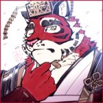  1boy animal_ears artist_logo bara cherry_blossoms commentary_request crave_saga dated furry furry_male hand_on_own_chin japanese_clothes looking_at_viewer male_focus one_eye_closed tiger_boy tiger_ears tiger_stripes white_background yata_no_kagami_(crave_saga) yowaifish 