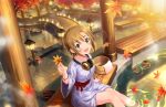  1girl artist_request ashiyu autumn_leaves bath_yukata bench blush bracelet brown_hair bucket collarbone feet_out_of_frame game_cg grey_eyes hair_ornament hairclip headphones headphones_around_neck holding holding_leaf idolmaster idolmaster_cinderella_girls idolmaster_cinderella_girls_starlight_stage japanese_clothes jewelry kimono lamppost leaf legs long_sleeves looking_at_viewer official_art onsen open_mouth short_hair sidelocks sitting slippers smile soaking_feet solo steam stone_floor swept_bangs tada_riina towel tree water wooden_bridge wooden_bucket yukata 