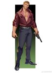  1boy absurdres akunaakun_(kunkun586586) bara beard facial_hair full_body gun highres holding holding_gun holding_weapon light_brown_hair looking_to_the_side male_focus muscular muscular_male mustache original partially_unbuttoned pectoral_cleavage pectorals shirt short_hair solo standing thick_eyebrows weapon 