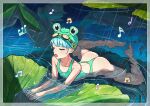  1boy aqua_one-piece_swimsuit ass bare_back blue_hair closed_eyes goggles goggles_on_head horizontal_pupils lily_pad lying male_focus mubo music musical_note one-piece_swimsuit open_mouth original otoko_no_ko rain singing spread_legs swim_cap swim_goggles swimsuit water wetland 