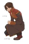  1boy brown_coat brown_footwear brown_hair brown_pants cigarette coat commentary_request dated full_body hair_between_eyes half-closed_eyes highres himastella long_bangs long_sleeves looking_at_viewer male_focus open_mouth pants priest_(ragnarok_online) ragnarok_online red_coat red_eyes shoes short_hair simple_background solo squatting two-tone_coat white_background 