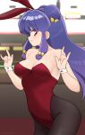  1girl \m/ animal_ears black_pantyhose breasts casino double_\m/ double_bun fake_animal_ears hair_bun highleg highleg_leotard highres jampen leotard long_hair looking_at_viewer medium_breasts pantyhose playboy_bunny purple_hair rabbit_ears ranma_1/2 red_eyes red_leotard shampoo_(ranma_1/2) white_wrist_cuffs wrist_cuffs 