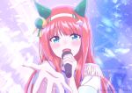  1girl animal_ears aqua_eyes blue_eyes blunt_bangs blush ear_covers hair_ornament hairband hand_up highres holding holding_microphone horse_ears kouno_marika long_hair microphone multicolored_background music open_mouth orange_hair silence_suzuka_(umamusume) singing smile solo star_(symbol) star_hair_ornament tsuji_tomoko twitter_username umamusume upper_body white_hairband 