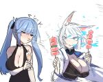  2girls akaoni_(zumt3548) animal_ears azur_lane blue_fire blue_hair breasts cleavage cleavage_cutout clothing_cutout cup drinking_glass essex_(azur_lane) fire kaga_(azur_lane) medium_breasts multiple_girls sneezing twintails white_hair wine_glass 