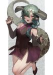  1girl bare_shoulders breasts china_dress chinese_clothes cleavage cleavage_cutout clothing_cutout commentary_request dark_skin dress fangs floral_print green_hair green_scales hair_over_one_eye hair_over_shoulder high_heels highres horns jewelry long_hair looking_at_viewer open_mouth original paw_pose pointy_ears print_dress red_dress red_eyes red_footwear saz8720 scales short_dress sleeveless sleeveless_dress solo standing standing_on_one_leg tail 