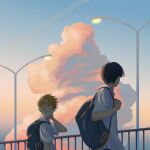  2boys absurdres bag black_hair closed_eyes cloud haikyuu!! highres hinata_shouyou kageyama_tobio multiple_boys orange_hair school_bag school_uniform velvet_kt 