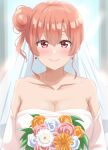  1girl bare_shoulders blush bouquet breasts cleavage collarbone commentary_request dars_(recolors) dress earrings flower hair_between_eyes hair_bun highres holding holding_bouquet jewelry large_breasts looking_at_viewer orange_eyes orange_hair pink_flower short_hair single_hair_bun single_side_bun smile solo straight-on strapless strapless_dress upper_body veil wedding_dress white_dress white_flower yahari_ore_no_seishun_lovecome_wa_machigatteiru. yellow_flower yuigahama_yui 