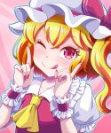  1girl :q ascot blonde_hair breasts closed_mouth collarbone collared_shirt fingernails flandre_scarlet frilled_sleeves frills hair_between_eyes hat hat_ribbon head_tilt highres kisaragi_koushi looking_at_viewer medium_hair mob_cap nail_polish one_eye_closed one_side_up pink_background puffy_short_sleeves puffy_sleeves red_eyes red_nails red_ribbon red_vest ribbon sharp_fingernails shirt short_sleeves simple_background small_breasts solo tongue tongue_out touhou upper_body vest white_headwear white_shirt wrist_cuffs yellow_ascot 