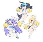  3girls animal_ears black_hair black_panties blonde_hair blue_archive blue_eyes blush bow breasts cheerleader chibi cleavage crop_top dog_ears dog_girl dog_tail full_body goggles goggles_on_head hair_bow halo hanae_(blue_archive) hanae_(cheer_squad)_(blue_archive) hibiki_(blue_archive) hibiki_(cheer_squad)_(blue_archive) highres holding kotori_(blue_archive) kotori_(cheer_squad)_(blue_archive) long_hair low_twintails medium_breasts multiple_girls nemo_(leafnight) open_mouth panties pleated_skirt pom_pom_(cheerleading) ponytail red_eyes shoes simple_background skirt small_breasts sneakers tail tail_wagging thighhighs twintails two_side_up underwear very_long_hair visor_cap white_background white_footwear white_panties white_thighhighs 