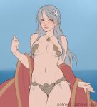  1girl absurdres adapted_costume bare_shoulders bikini blue_background breasts cape commission fire_emblem fire_emblem:_radiant_dawn fire_emblem_heroes grey_hair groin hair_ribbon half_updo highres kalruna long_hair looking_at_viewer medium_breasts micaiah_(fire_emblem) micaiah_(queen_of_dawn)_(fire_emblem) navel patreon_username red_cape ribbon simple_background solo swimsuit yellow_eyes 