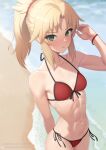  1girl abs beach bikini blonde_hair breasts closed_mouth collarbone fantia_username fate/grand_order fate_(series) green_eyes looking_at_viewer medium_breasts mordred_(fate) mordred_(swimsuit_rider)_(fate) muscular muscular_female ocean patreon_username ponytail putcher red_bikini short_hair side-tie_bikini_bottom solo swimsuit 