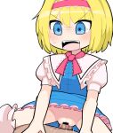  1boy 1girl alice_margatroid bar_censor blonde_hair blue_dress blue_eyes blush bow bowtie breasts censored clothed_sex commentary cookie_(touhou) cowboy_shot dress frilled_dress frilled_sash frills hairband hetero hospital_king ichigo_(cookie) medium_bangs open_mouth penis pink_bow pink_bowtie pink_hairband pink_sash pov pussy sash sex short_hair simple_background small_breasts solo_focus textless_version touhou v-shaped_eyebrows vaginal white_background 