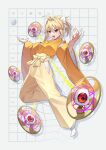  1girl absurdres blonde_hair bow electricity eyeball grid_background guumin hakama highly_responsive_to_prayers highres japanese_clothes kimono long_sleeves ponytail red_eyes short_hair solo touhou touhou_(pc-98) warped white_footwear wide_sleeves yellow_kimono yin_yang yuugenmagan 