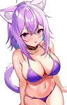  1girl :o absurdres ahoge animal_ear_fluff animal_ears armpit_crease bare_arms bare_shoulders belt_collar bikini black_collar blue_hair blush breasts cat_ears cat_girl cat_tail cleavage collar colored_inner_hair crossed_bangs hair_between_eyes highres hololive large_breasts looking_at_viewer making-of_available medium_hair multicolored_hair navel nekomata_okayu o-ring_collar parted_lips purple_bikini purple_eyes purple_hair ra_midora sidelocks simple_background sitting skindentation solo stomach string_bikini swimsuit tail tail_raised virtual_youtuber white_background 