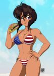  0tacat 1girl absurdres american_flag_bikini artist_name bikini blue_background blue_eyes breasts brown_hair burger commentary contrapposto cowboy_shot dark-skinned_female dark_skin day eating english_commentary flag_print food gunsmith_cats highres large_breasts navel official_style outdoors rally_vincent retro_artstyle short_hair side-tie_bikini_bottom solo swimsuit tan tomboy 