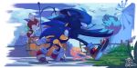  3boys absurdres animal_ears animal_nose barrel blue_fur chip_(sonic) clenched_hand closed_mouth cloud commentary day full_body furry furry_male gloves green_eyes highres male_focus multiple_boys outdoors red_footwear running shoes smile sonic_(series) sonic_the_hedgehog sonic_the_werehog sonic_world_adventure supsross tail twitter_username white_gloves windmill wings 