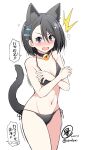  ^^^ animal_ears bikini black_bikini black_hair blue_eyes blush breasts cat_ears cat_girl cat_tail commentary_request hair_between_eyes hair_ornament hairclip highres looking_at_viewer navel open_mouth original serebi_ryousangata short_hair side-tie_bikini_bottom small_breasts speech_bubble swimsuit tail translation_request 