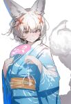  1girl animal animal_ear_fluff animal_ears bag bagged_fish blue_kimono braid closed_mouth commentary_request fang fang_out fish fox_ears fox_girl fox_tail goldfish grey_hair hair_between_eyes hair_ornament hair_rings hand_fan hands_up highres holding holding_fan japanese_clothes kimono long_sleeves looking_at_viewer obi original paper_fan red_eyes sash simple_background smile solo tail uchiwa water white_background wide_sleeves x_hair_ornament yuuji_(yukimimi) 