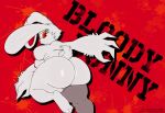  anthro areola big_breasts big_butt bloody_bunny bloody_bunny_(series) breasts butt cheek_tuft cotton_tail english_text eyelashes facial_tuft female fur hi_res huge_butt justkindofhere lagomorph leporid looking_at_viewer looking_back looking_back_at_viewer mammal nipples nude rabbit rear_view red_areola red_background red_eyes red_nipples simple_background solo text thick_thighs tuft white_body white_fur wide_hips 