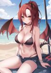  1girl absurdres bare_shoulders beach bikini black_bikini black_nails blue_sky blush borrowed_character bracelet breasts cleavage closed_mouth cloud commentary_request commission day dragon_girl dragon_horns dragon_tail dragon_wings expressionless facial_mark guri_(gri1211) halterneck highres horizon horns jewelry large_breasts long_hair looking_at_viewer navel_piercing ocean open_fly orange_eyes original piercing ponytail red_hair short_shorts shorts sitting skeb_commission sky solo stomach swimsuit tail wings 