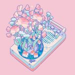  artist_name commentary_request flower highres hiro046k house leaf no_humans original pink_background pink_flower plant record simple_background sparkle still_life turntable twitter_username white_flower 