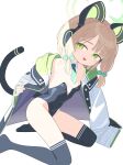  1girl animal_ear_headphones animal_ears arm_support black_leotard black_thighhighs blonde_hair blue_archive bow breasts cat_ear_headphones cat_tail coat commentary covered_navel detached_collar fake_animal_ears fake_tail green_bow green_eyes green_necktie hair_bow half-closed_eyes halo headphones highleg highleg_leotard highres kneeling legs leotard long_sleeves looking_at_viewer mabera midori_(blue_archive) necktie no_shoes open_clothes open_coat seductive_smile short_hair simple_background small_breasts smile solo tail thighhighs thighs white_background white_coat 