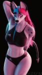  3d_(artwork) absurd_res adidas akikosfm anthro black_background black_spots blue_sclera bra breasts canid canid_demon clothed clothing curvy_body demon digital_media_(artwork) female hair hand_behind_head hellhound hi_res horn invalid_tag long_hair long_tail looking_at_viewer mammal multicolored_hair pink_hair pinup pose rae_(akikosfm) simple_background solo source_filmmaker spots tail two_tone_hair underwear 