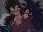  2boys abs armband bara black_hair black_pants blue_eyes blush body_fur brown_eyes closed_mouth couple dragon_ball dragon_ball_gt grey_background hairy highres large_pectorals long_hair looking_at_another lying male_focus mature_male multiple_boys muscular muscular_male nipples on_back onore pants pectorals pillow raised_eyebrows red_fur sash smelling son_goku speech_bubble spiked_hair super_saiyan super_saiyan_4 sweatdrop thick_eyebrows topless_male translated upper_body vegeta widow&#039;s_peak yaoi 