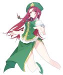  1girl braid chinese_clothes doko_ni_demo_iru_bakana_shojo dress green_dress hong_meiling pointing pointing_at_viewer red_eyes red_hair solo touhou twin_braids white_background 