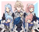 1boy 4girls absurdres alternate_hair_color armor blue_cape blue_eyes blue_hair blue_scarf cape corrin_(fire_emblem) corrin_(male)_(fire_emblem) dress fang father&#039;s_day father_and_daughter felicia_(fire_emblem) fire_emblem fire_emblem_fates flora_(fire_emblem) frilled_dress frills grabbing_another&#039;s_arm grey_hair hair_bun hand_on_another&#039;s_shoulder highres husband_and_wives igni_tion kana_(fire_emblem) light_blue_hair light_brown_hair long_hair maid maid_headdress mother_and_daughter multiple_girls open_mouth ponytail red_eyes scarf siblings skin_fang smile twins 