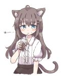  1girl ahoge animal_ear_fluff animal_ears arm_at_side black_skirt black_socks blue_eyes blush_stickers brown_hair cat_ears cat_tail center_frills collared_shirt colon_br cropped_torso cup dot_nose drink drinking_glass drinking_straw ears_down frilled_shirt frills hair_between_eyes hair_ornament hairclip highres holding holding_drink kneehighs long_hair looking_at_viewer original puffy_short_sleeves puffy_sleeves shirt short_sleeves sidelocks simple_background sitting skirt socks solo straight_hair tail white_background white_shirt 