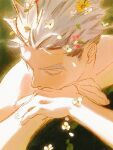  1boy black_hair bokuto_koutarou chengongzi123 closed_eyes facing_to_the_side flower from_above green_background grey_hair haikyuu!! hair_flower hair_ornament hand_on_own_hip head_rest highres male_focus multicolored_hair nude partially_submerged petals portrait red_flower short_hair solo spiked_hair streaked_hair sunlight white_flower yellow_flower 