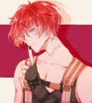  1boy absurdres baihua_er black_tank_top facial_mark finger_to_mouth hand_up highres index_finger_raised male_focus naruto naruto_(series) overalls red_background red_eyes red_hair sasori_(naruto) short_hair shushing solo tank_top upper_body yellow_background 