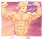  1boy abs armpits bad_id bad_pixiv_id bara biceps blonde_hair blush double_biceps_pose final_fantasy final_fantasy_vi flexing gradient_background grin long_sideburns looking_to_the_side male_focus mature_male muscular muscular_male navel nipples pectorals sabin_rene_figaro short_hair short_ponytail shredded_muscles sideburns smile solo stomach thick_eyebrows topless_male towel usada_(usaddd) v-taper 