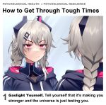  1girl bags_under_eyes braid cropped_hoodie english_text grey_hair hair_ornament hairclip highres hood hoodie horns how_to_get_through_tough_times_(meme) indie_virtual_youtuber long_hair looking_at_viewer mechanical_horns meme mirror red_eyes reflection sad saruei saruei_(vtuber) scar scar_across_eye twin_braids virtual_youtuber 