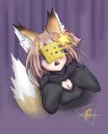  &gt;_&lt; 1girl animal_ears annytf black_sweater breasts brown_hair cheese cleavage_cutout closed_eyes clothing_cutout food fox_ears fox_girl fox_tail hair_ornament heart_cutout highres indie_virtual_youtuber long_sleeves meme_attire open-chest_sweater open_mouth phlyo purple_background simple_background sleeves_past_fingers sleeves_past_wrists star_(symbol) star_hair_ornament surprised sweater tail virtual_youtuber 
